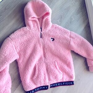 New Tommy Hilfiger woman size S pink sherpa zip up hooded sweatshirt